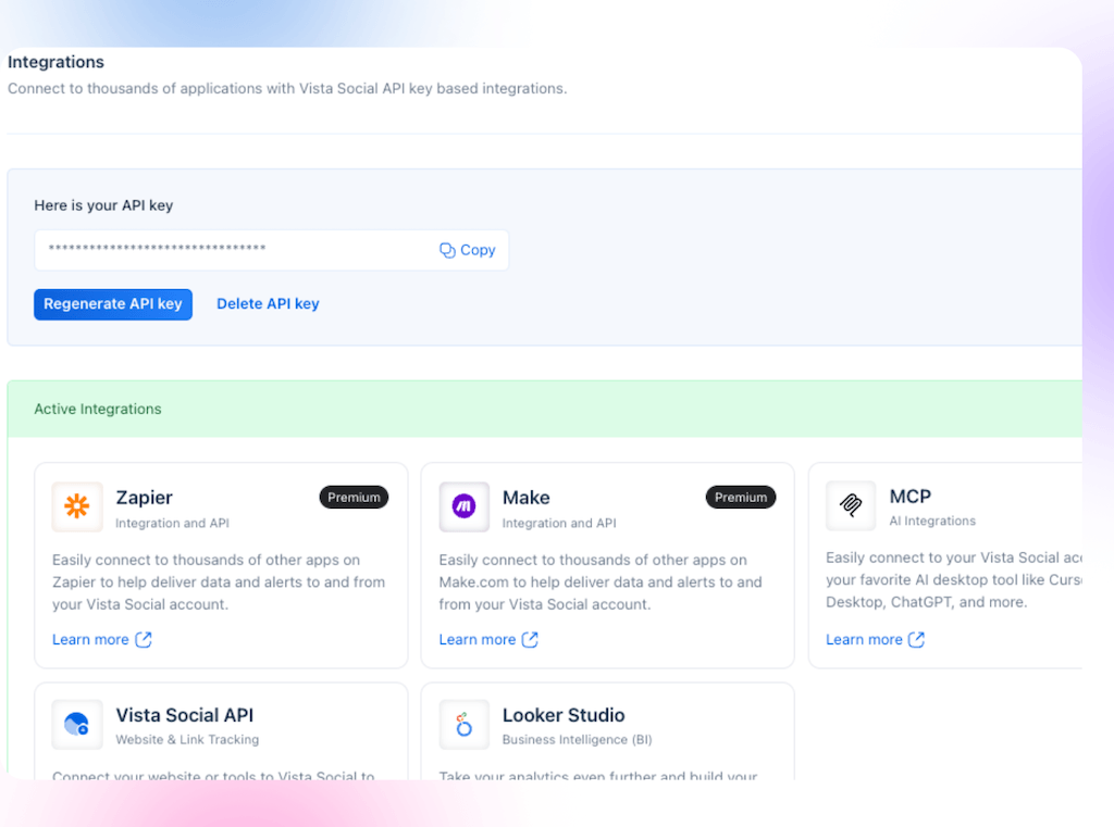 The Integrations settings page in Vista Social displaying the API key management section and active integration cards.