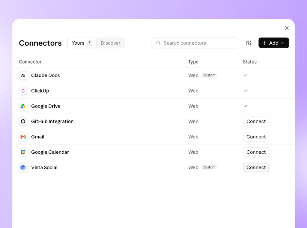 The Connectors modal window in Claude listing available integrations, including Vista Social, with connection action buttons.