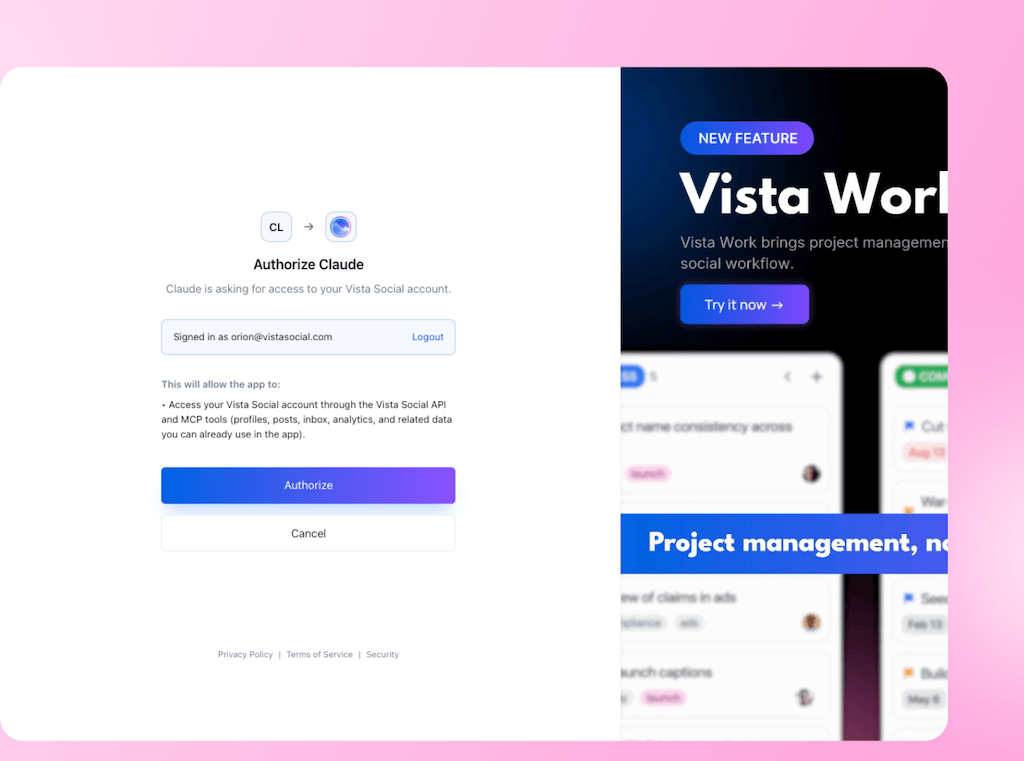 The OAuth account authorization screen requesting permission for Claude to access Vista Social profiles, posts, inbox, and analytics.