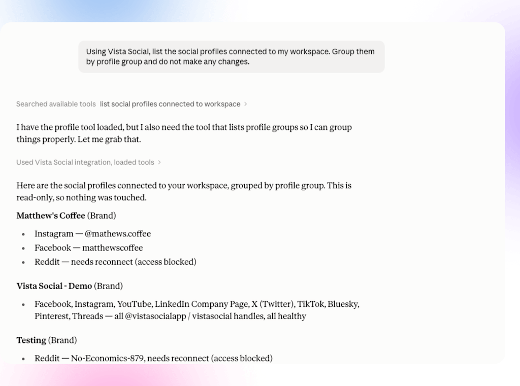A Claude chat session executing a Vista Social tool call to retrieve and group connected social media profiles by brand.