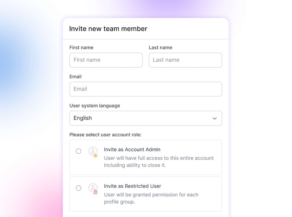 The "Invite new team member" configuration dialog box with fields for name, email address, system language, and assigned role.