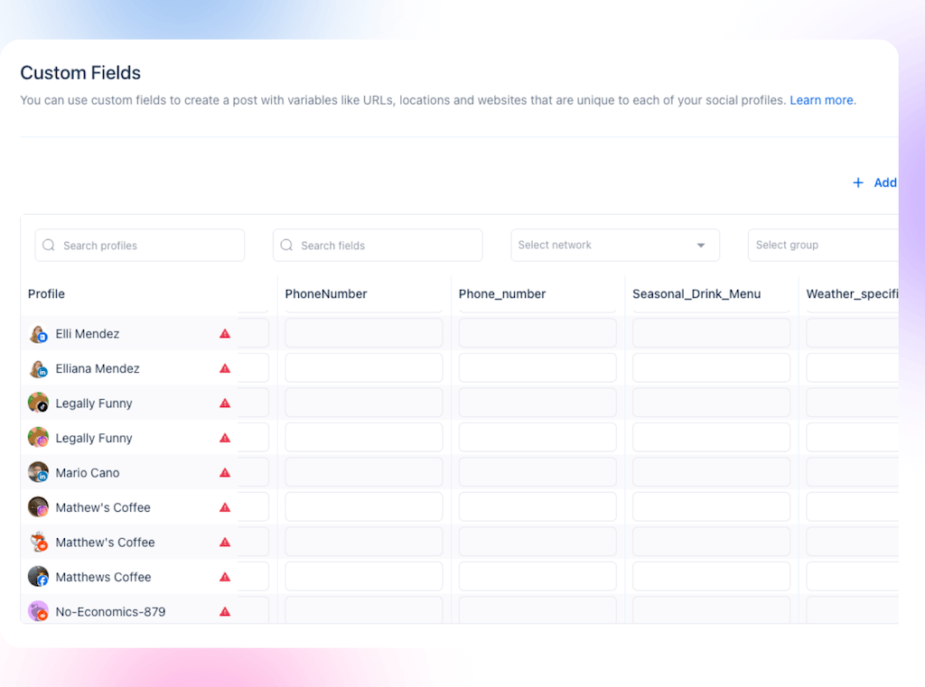 The Custom Fields management grid in Vista Social displaying profile variables for phone numbers, menus, and localized attributes.