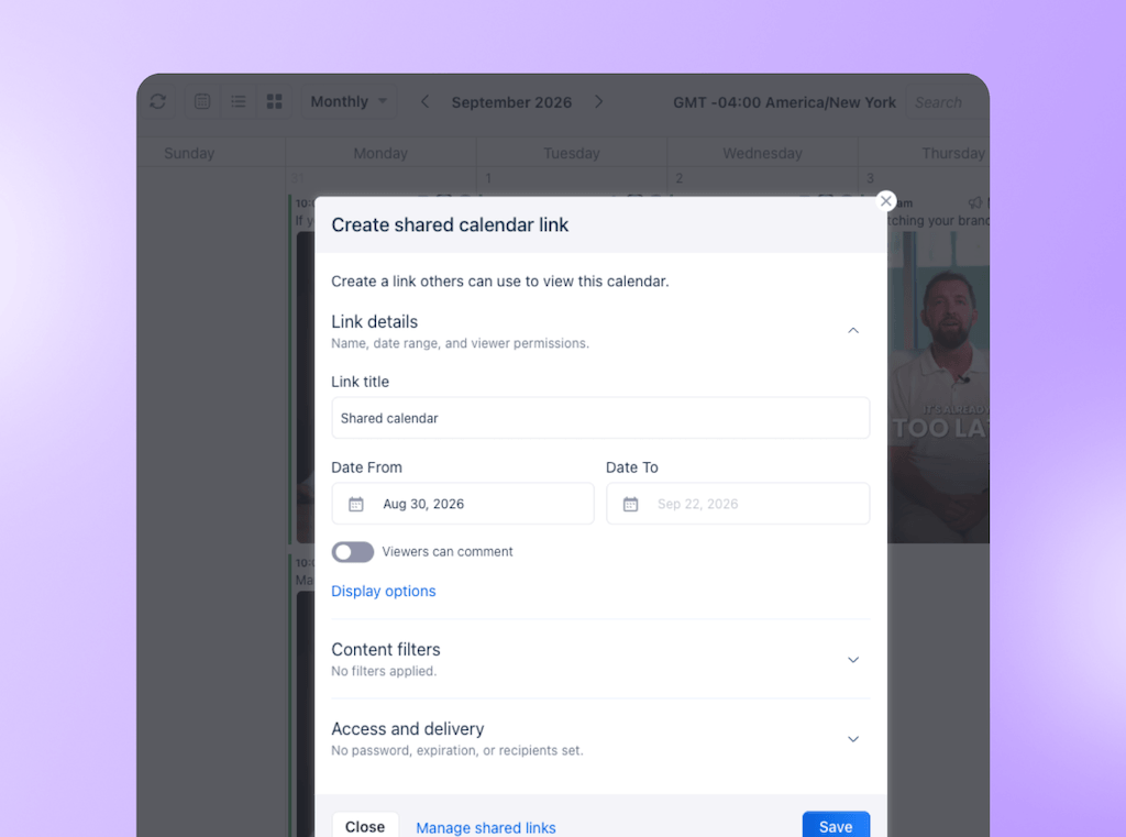 The "Create shared calendar link" setup dialog in Vista Social configured to share post calendar views with external stakeholders.