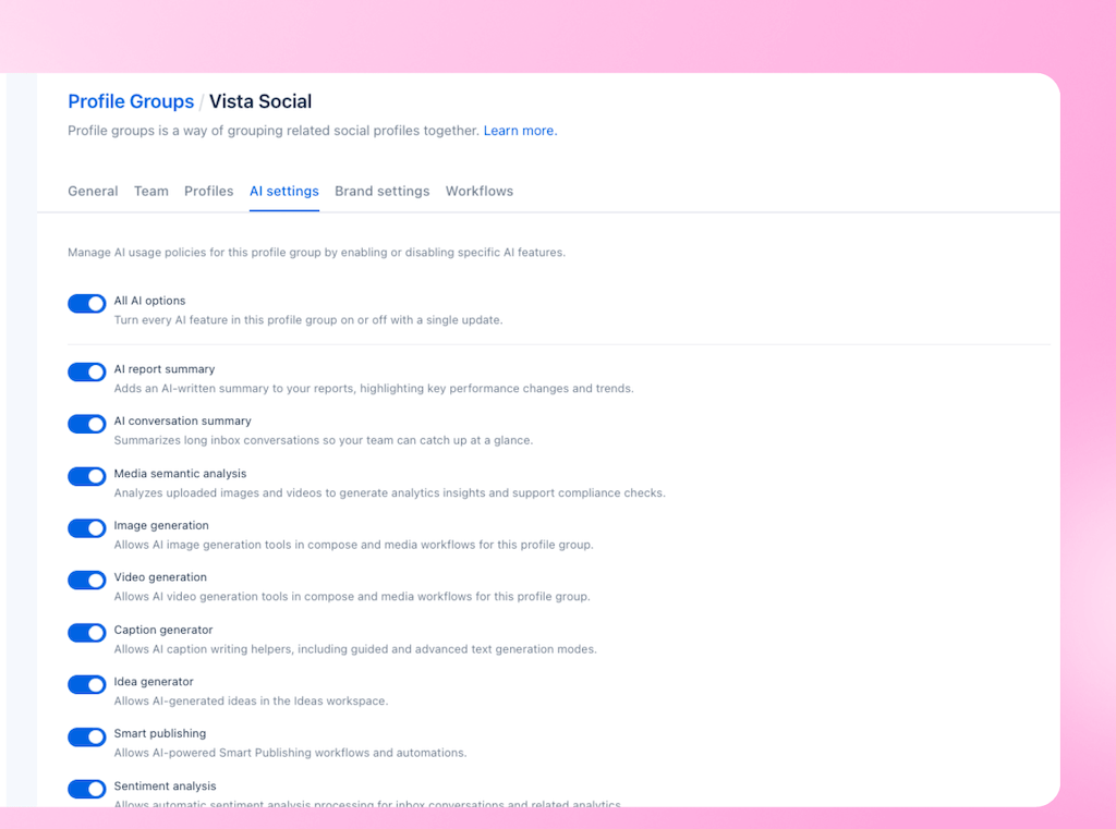The Profile Groups AI settings panel in Vista Social displaying toggle controls for AI features like summaries, generation, and sentiment analysis.
