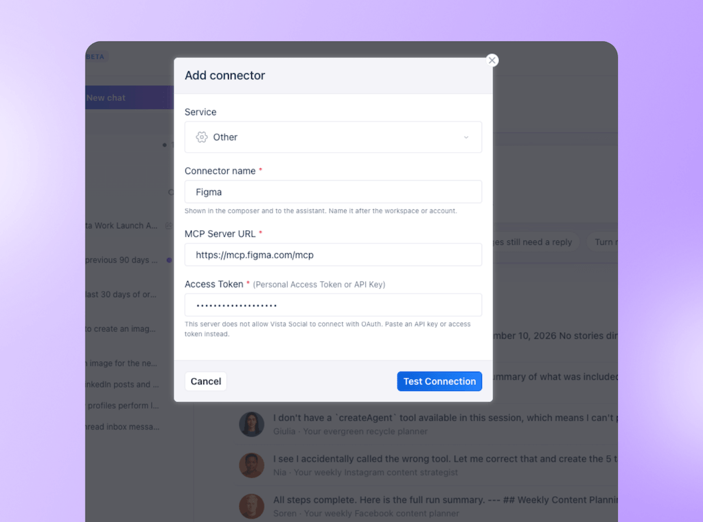 The "Add connector" configuration pop-up window in Ask Vista setup to connect a Figma MCP server URL and Access Token.