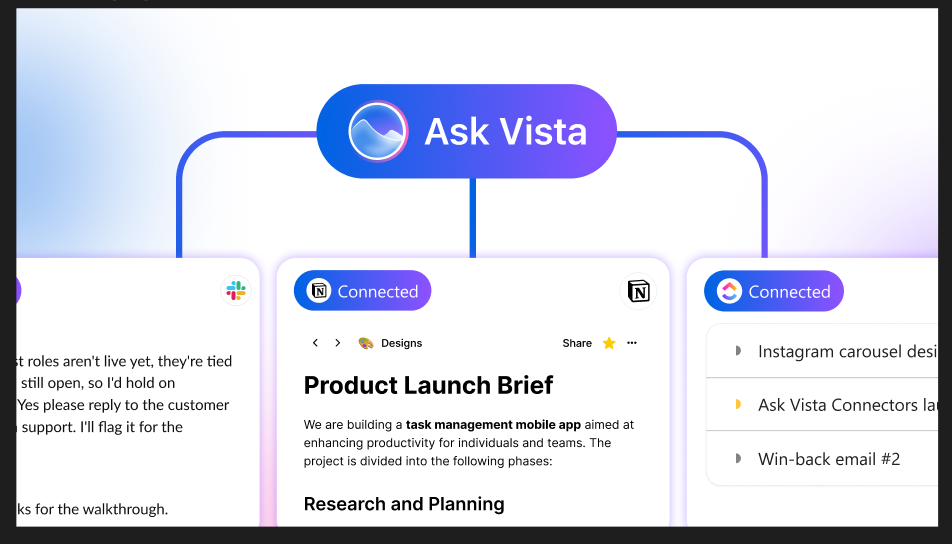A header graphic illustrating Ask Vista linked to connected workspace apps including Slack, Notion, and ClickUp.