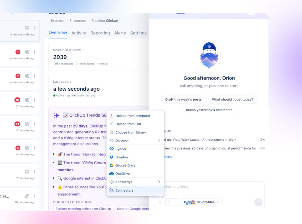 The Ask Vista chat assistant drawer interface displaying file attachment and connector upload menu options.