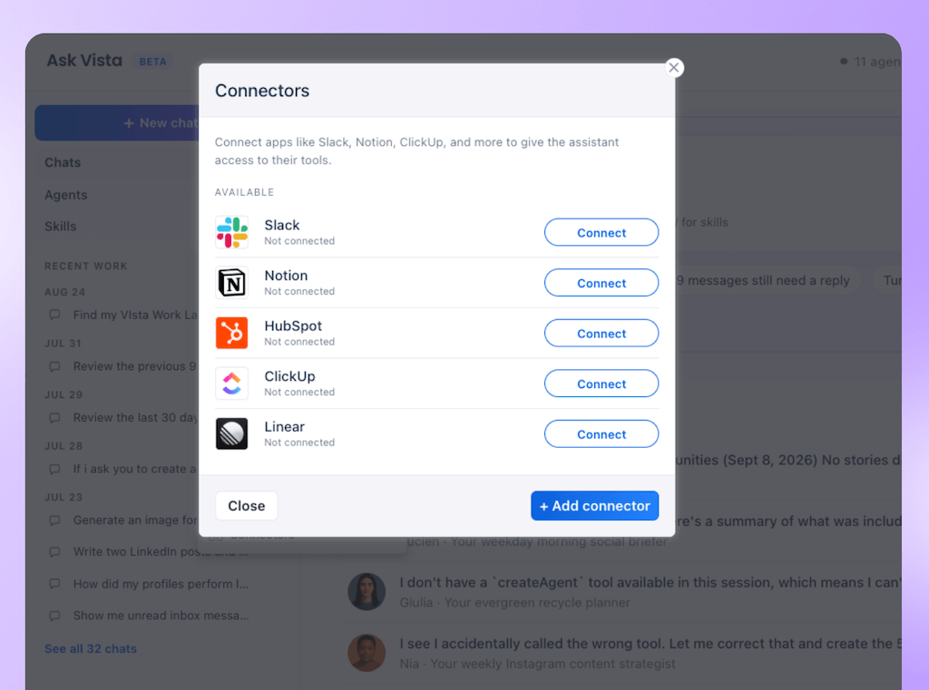 The Connectors modal window in Ask Vista listing available integrations for Slack, Notion, HubSpot, ClickUp, and Linear.