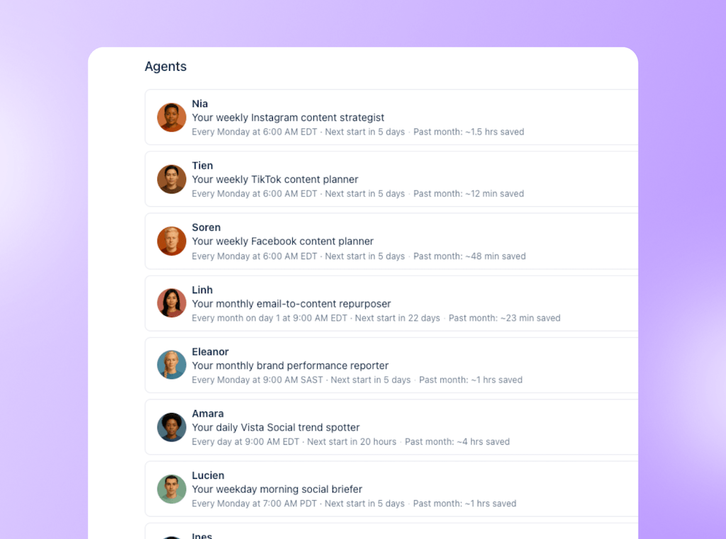 The Agents directory menu in Vista Social listing active AI assistants, execution schedules, and total time saved per agent.