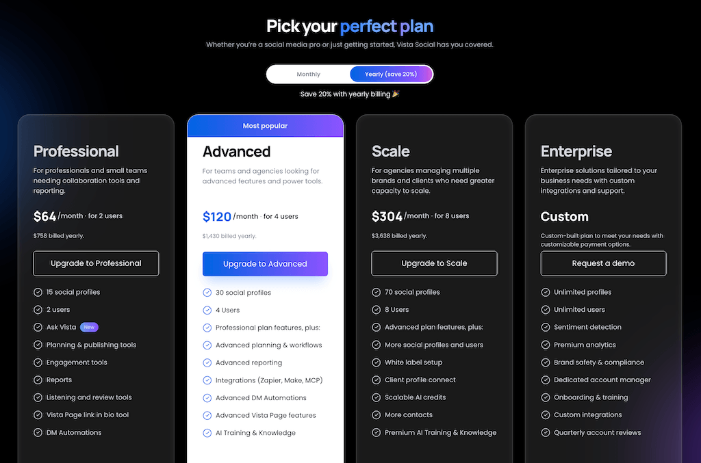 The dark mode pricing table page for Vista Social displaying Professional, Advanced, Scale, and Enterprise plans.