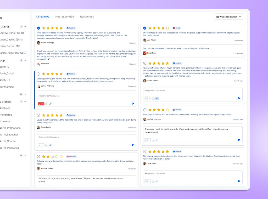 The online reviews dashboard in Vista Social displaying star ratings, customer feedback, and response text boxes across channels.
