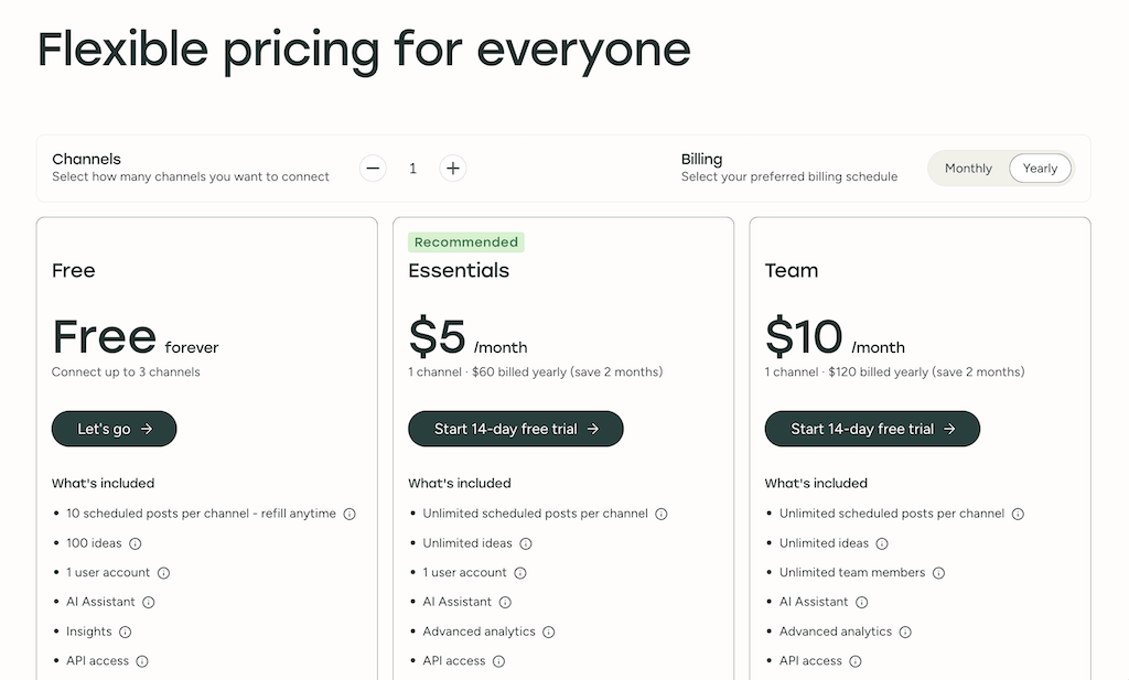 The pricing plan selection page for Buffer showing Free, Essentials, and Team subscription options per channel.