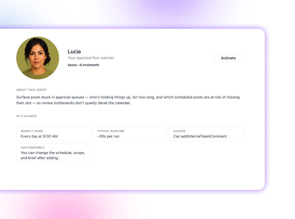 The agent configuration profile overview screen for Lucia, an approval flow watcher agent designed to surface stalled queued posts.