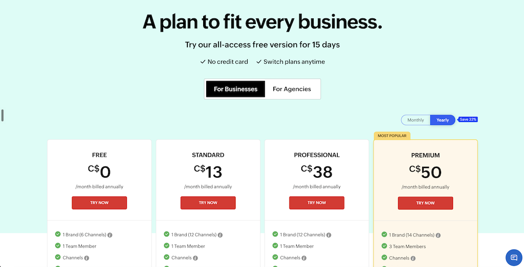 The pricing plan selection page for Zoho Social outlining Free, Standard, Professional, and Premium subscription tiers for businesses.