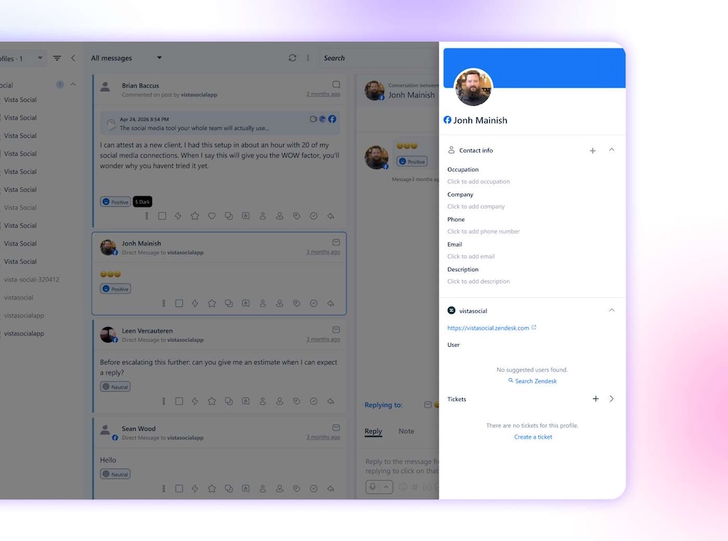 The unified inbox thread view in Vista Social with a open side panel displaying user contact details and Zendesk ticket status.