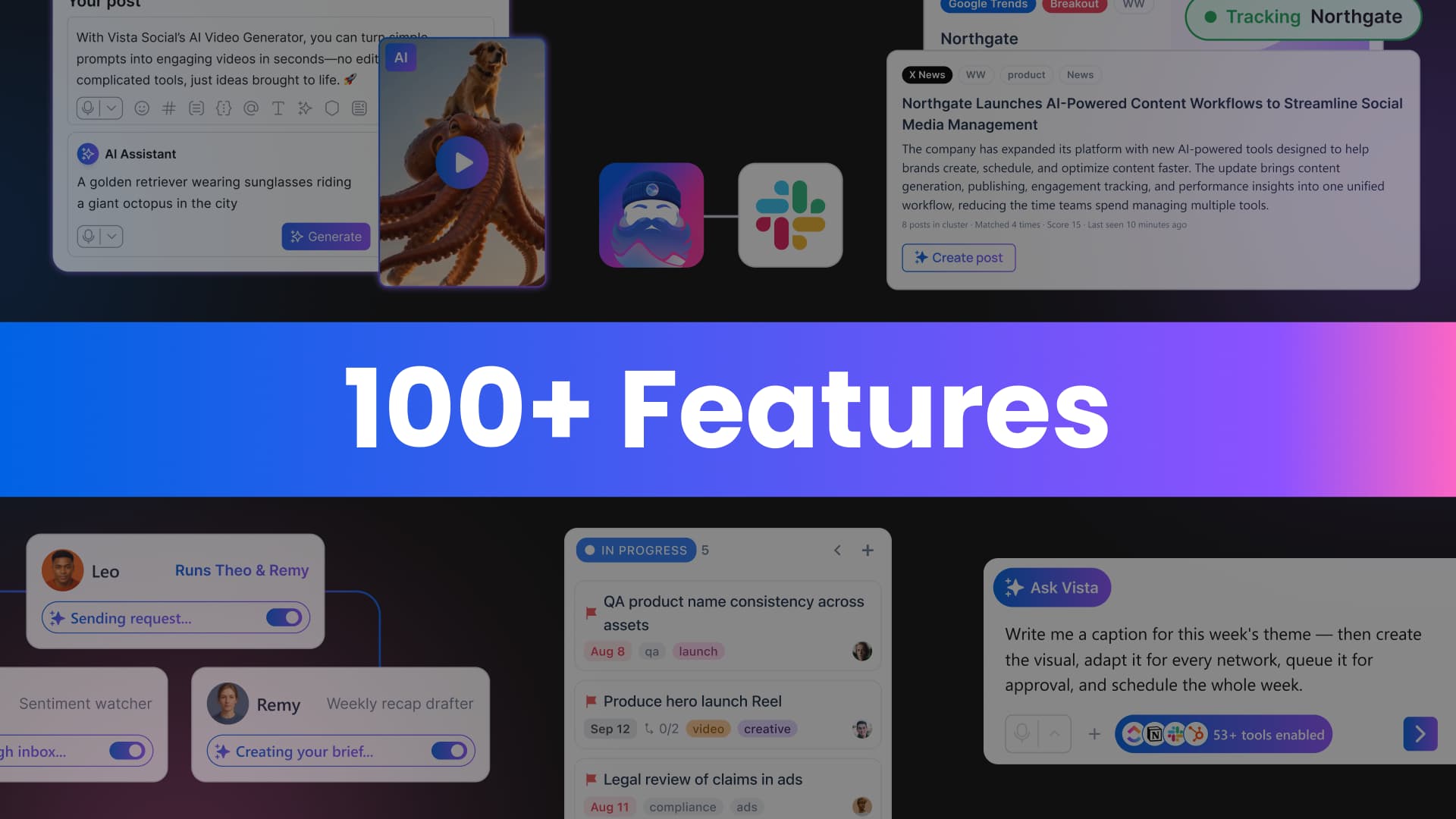 A feature milestone graphic highlighting the 100+ major feature releases shipped across AI generation, Slack integrations, task management, and Ask Vista tools.