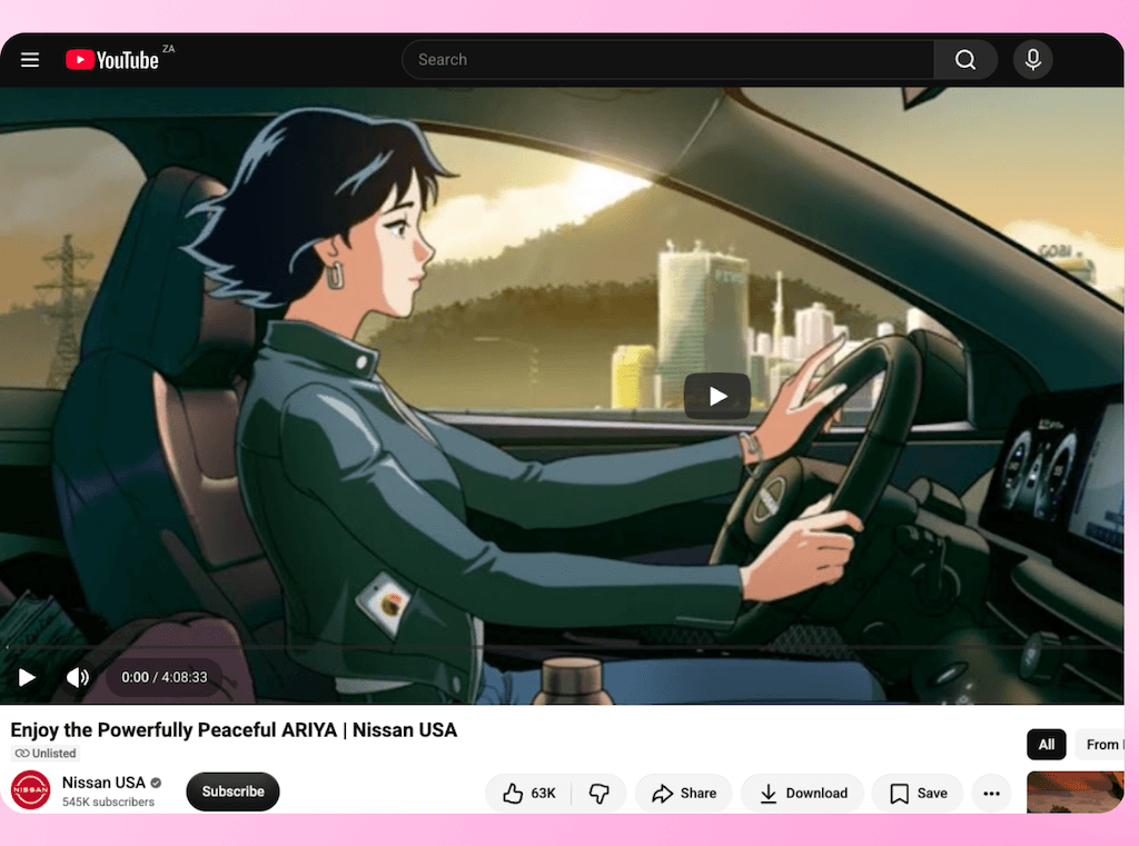 A YouTube video playback page showing an unlisted anime-style lofi video advertisement for Nissan USA.