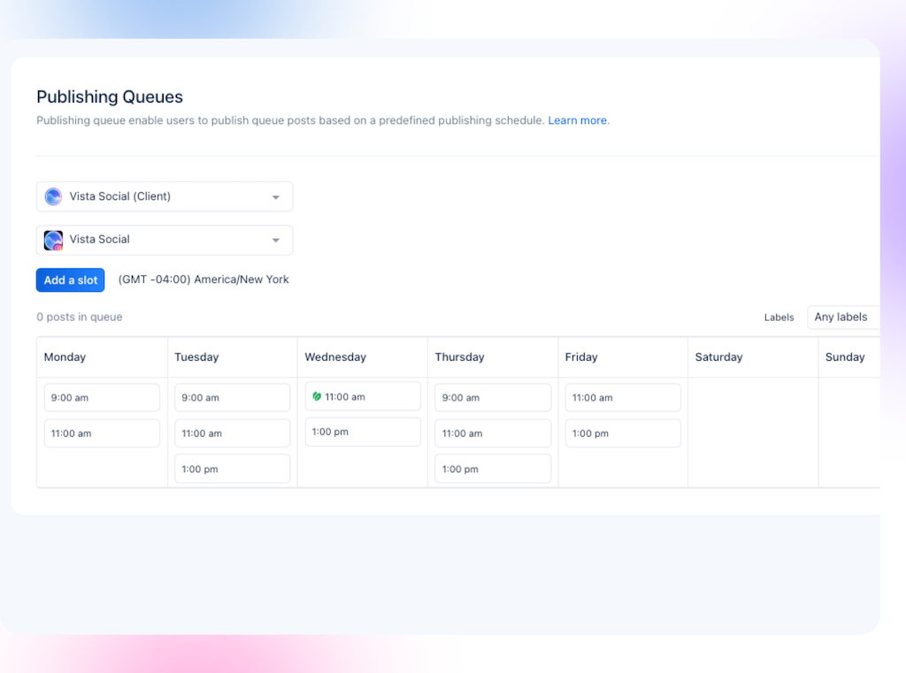 The Publishing Queues setup dashboard in Vista Social showing configured daily posting time slots for scheduled content.
