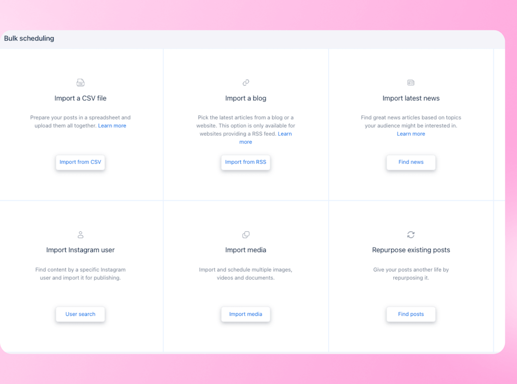 The Bulk Scheduling options menu in Vista Social featuring import tools for CSV files, RSS blog feeds, news, Instagram users, and media.