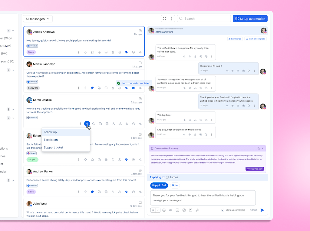 The unified inbox conversation view in Vista Social displaying customer message threads alongside AI conversation summaries.