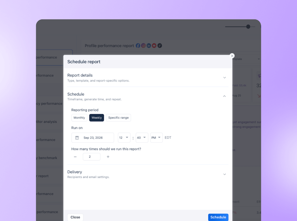 The Schedule Report configuration modal window in Vista Social setting recurring weekly delivery options for performance reports.