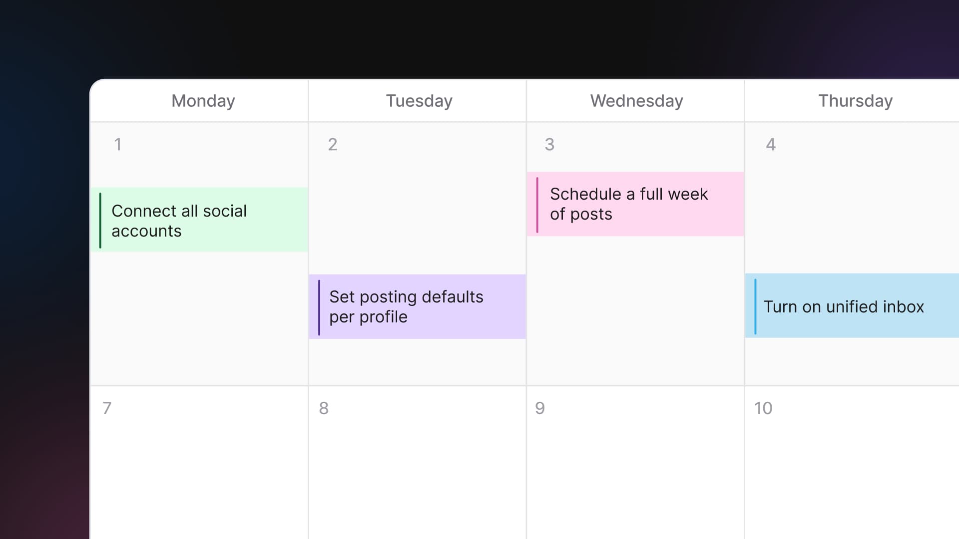 A header graphic showing a calendar grid mapping out onboarding milestones for the first week in a social media management tool.
