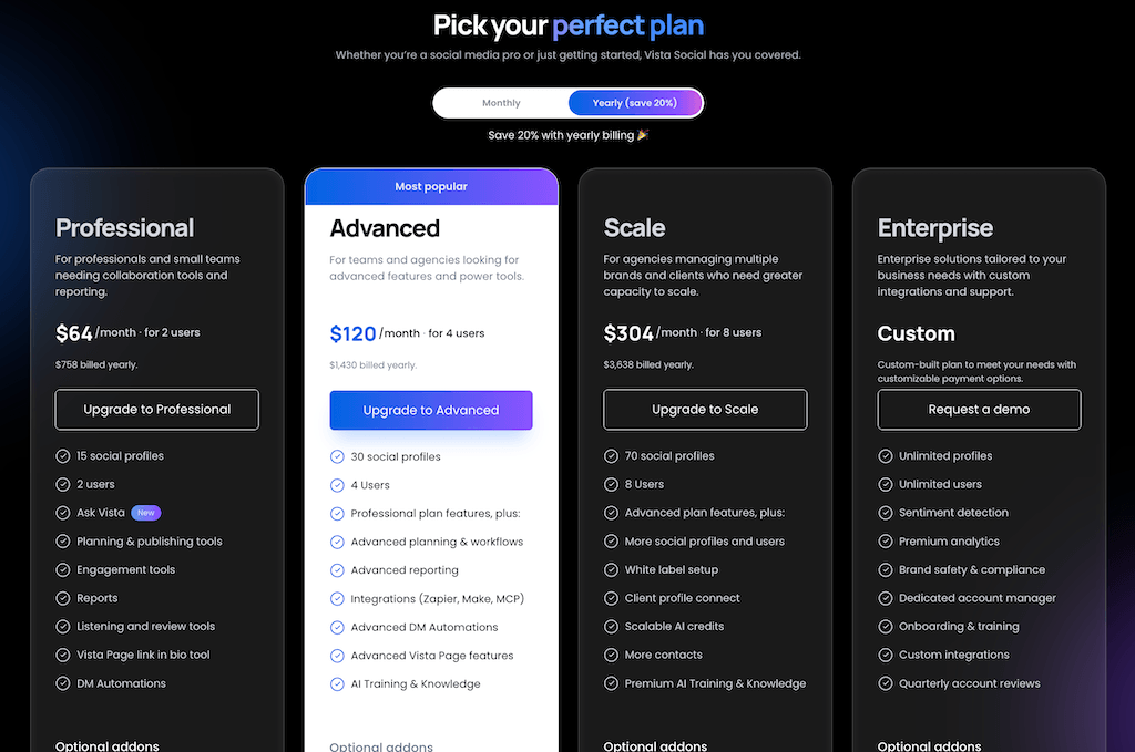 The Vista Social pricing page displaying tiered subscription plans including Professional, Advanced, Scale, and Enterprise options.