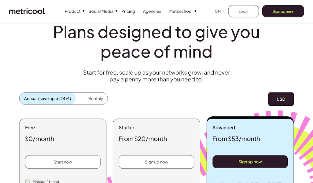 The pricing plan overview page for Metricool outlining Free, Starter, and Advanced subscription tiers.