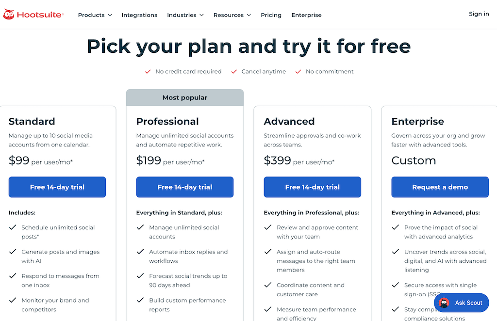 The pricing plan selection page for Hootsuite detailing Standard, Professional, Advanced, and Enterprise tiers.