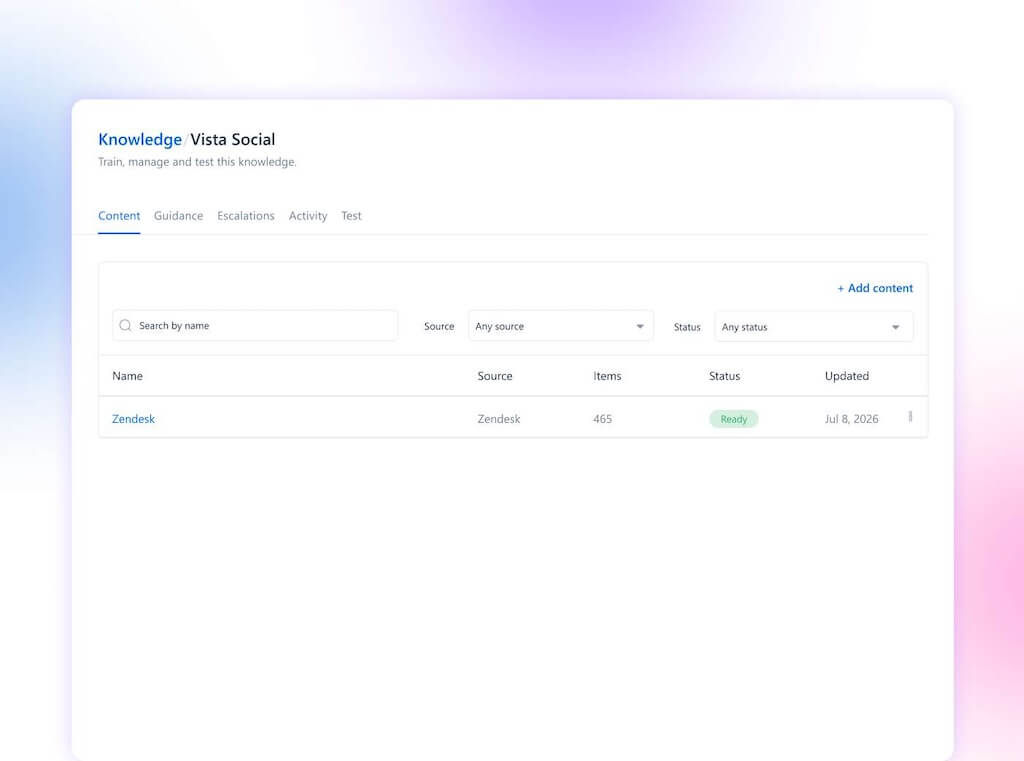 The AI Knowledge base training interface in Vista Social displaying an active, synced Zendesk content source.